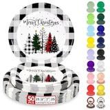 50 Christmas Paper Plates Disposable Set Includes 25-9" & 25-7" Xmas Buffalo Plaid Dessert Dinner Plates For Party Supplies(Black,White,Plaid)