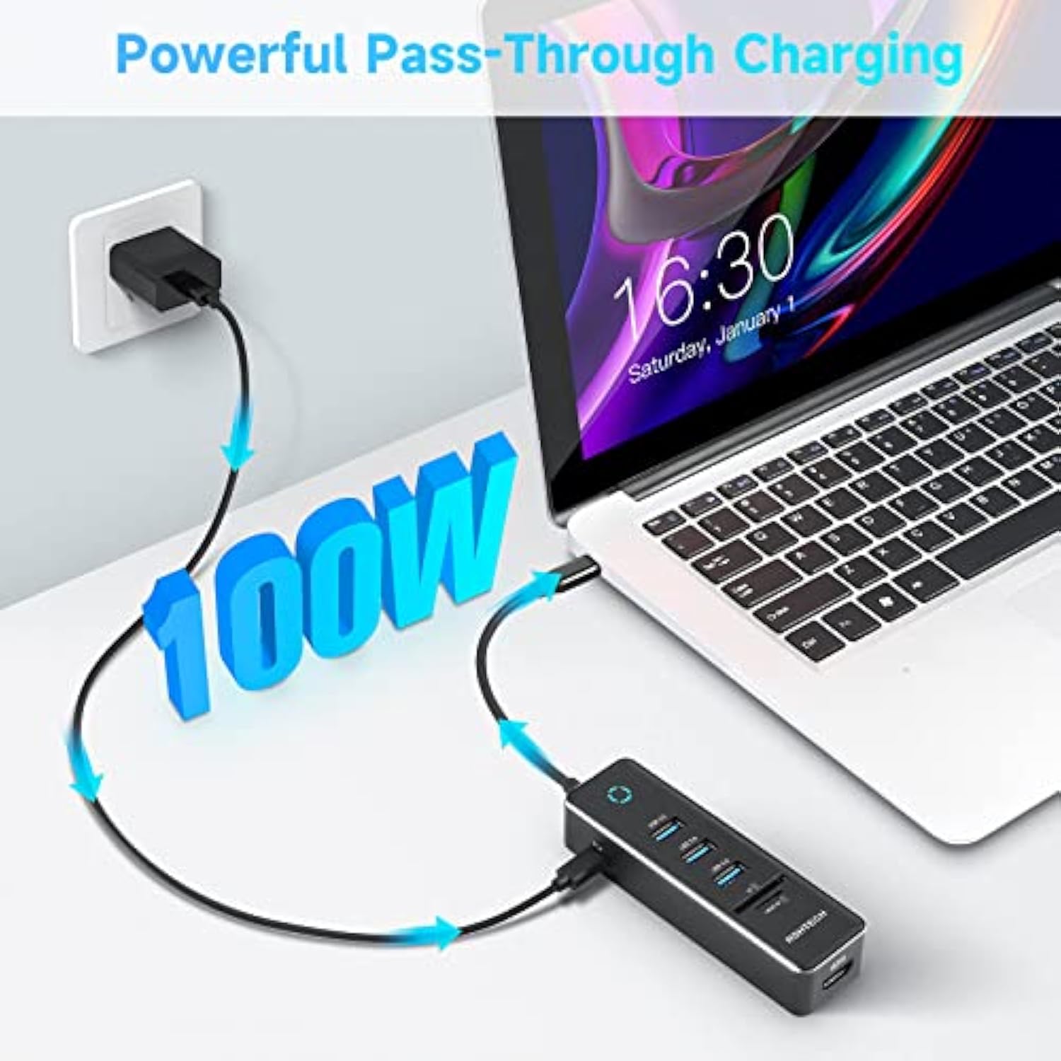 Usb C Hub, Usb C Dongle Adapter With 4K Hdmi, 3 Usb 3.0 Data Port, 100W Power