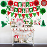 Merry Christmas Hanging Paper Banner Pom Poms Paper Flower Fan Swirl Streamers&Christmas Tree Santa Claus Banner For Merry Christmas Party Decorations