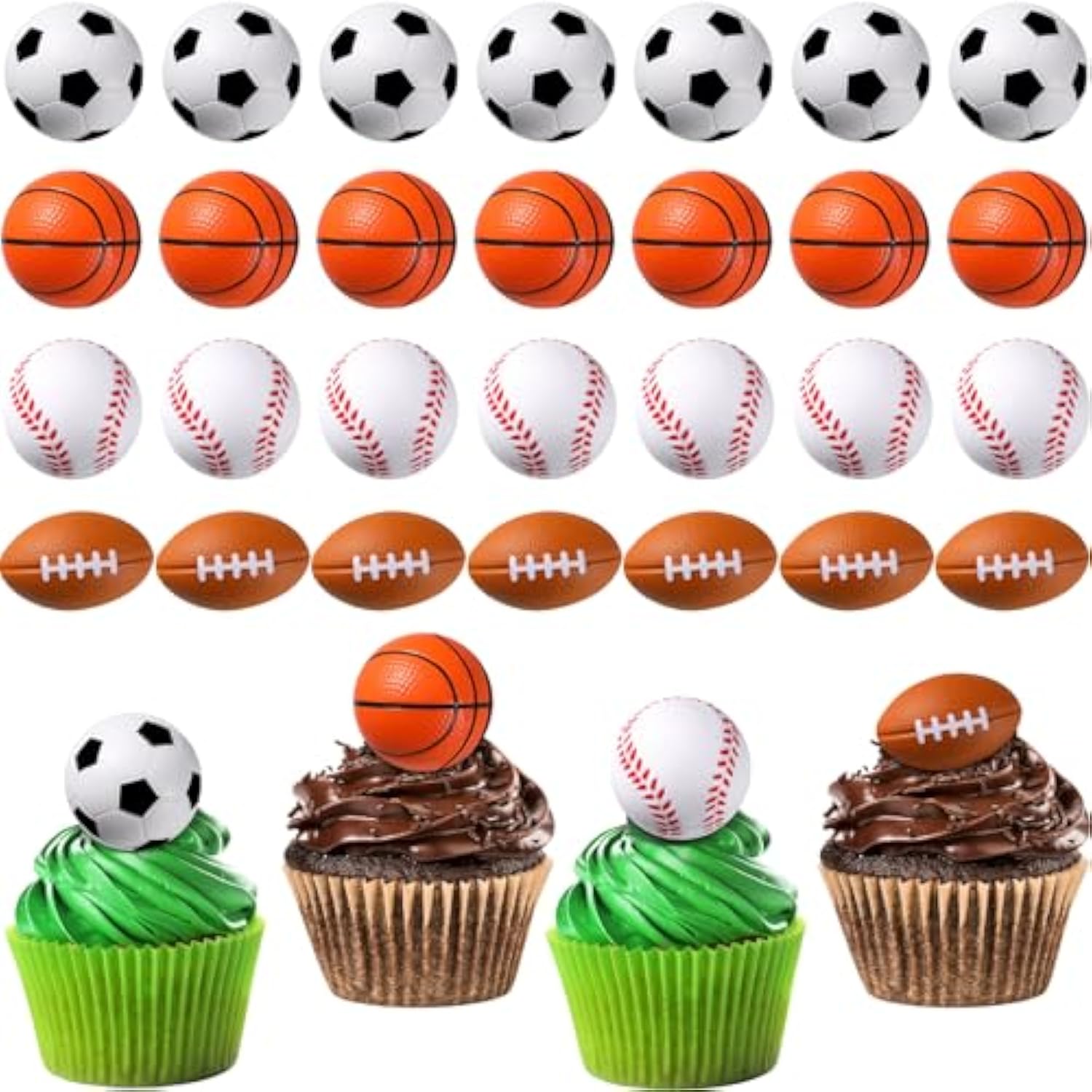 32 Pcs Mini Foam Balls Sports Cupcake Toppers 1.6 Inch Basketball Soccer Stress Ball Small Football Baseball Cake Topper Sports Party Favors For Birthday Party Supplies Decoration(Mixed Balls)