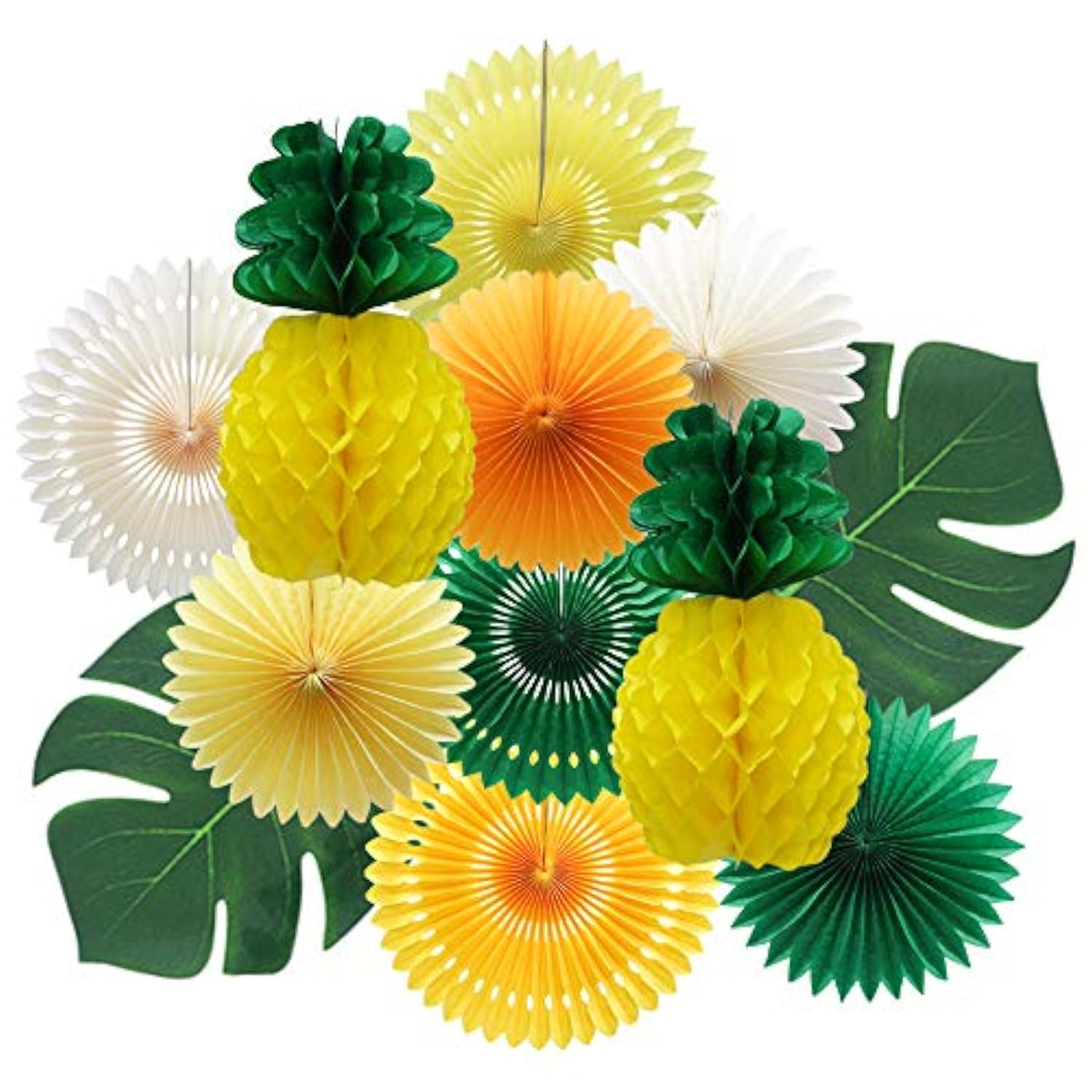 Summer Pineapple Party Decoration, Hawaiian Party Supplies Tropical Palm Leaves Honeycomb Pineapple Hanging Paper Fans For Adults Kids Birthday Baby Shower Bachelorette (Yellow)