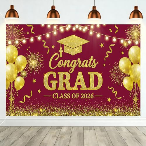 Red Gold Class of 2026 Graduation Backdrop Party Decorations, 71×43'' Congrats Grad Banner Decor, High School College Graduation Party Supplies & Photo Props