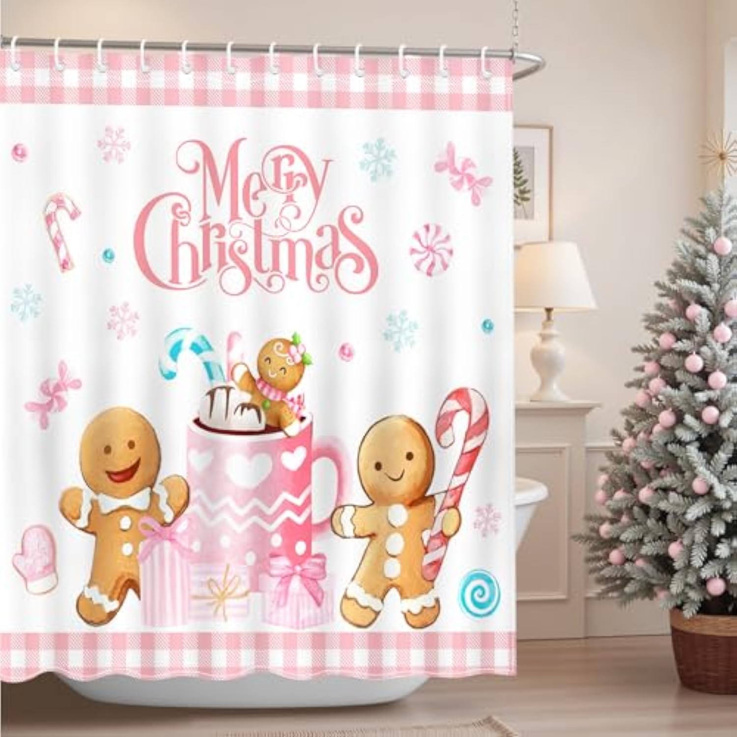 Merry Christmas Shower Curtain Pink Checked Cute Gingerbread-Man Shower Curtain With 12 Hooks Winter Snowflake Xmas Candy Bath Curtain For Christmas Kids Bathroom Decor, 72 X 72 Inch