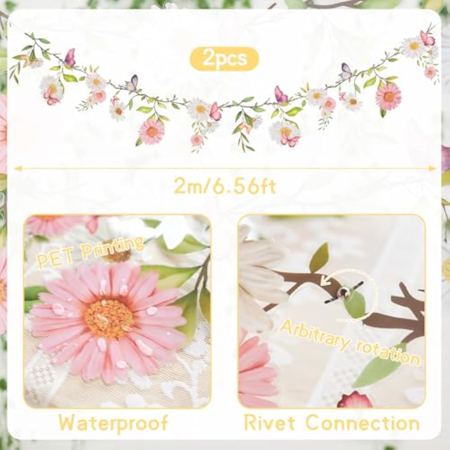 Garden Party Flower Banner Reusable Wildflower Garland For Enchanted Garden Woodland Tropical Theme Wedding Baby Shower Birthday Tea Supplies Girl Decorations - 2 Pcs