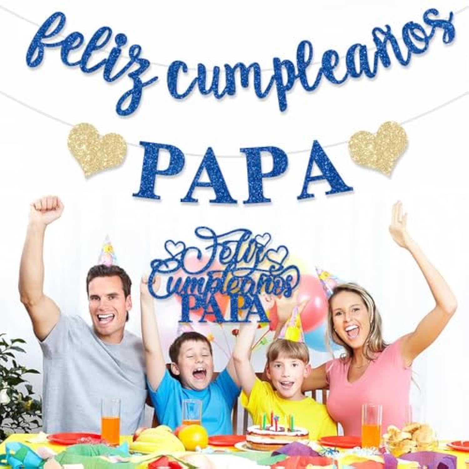 Pre-Strung Feliz Cumpleaños Papa Banner Decorations Blue Glitter Happy Birthday Dad Daddy Cake Topper Spanish Mexican Father'S Day Party Blue Glitter For Home Celebrate No Diy