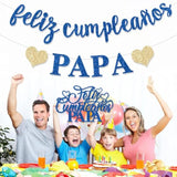 Pre-Strung Feliz Cumpleaños Papa Banner Decorations Blue Glitter Happy Birthday Dad Daddy Cake Topper Spanish Mexican Father'S Day Party Blue Glitter For Home Celebrate No Diy