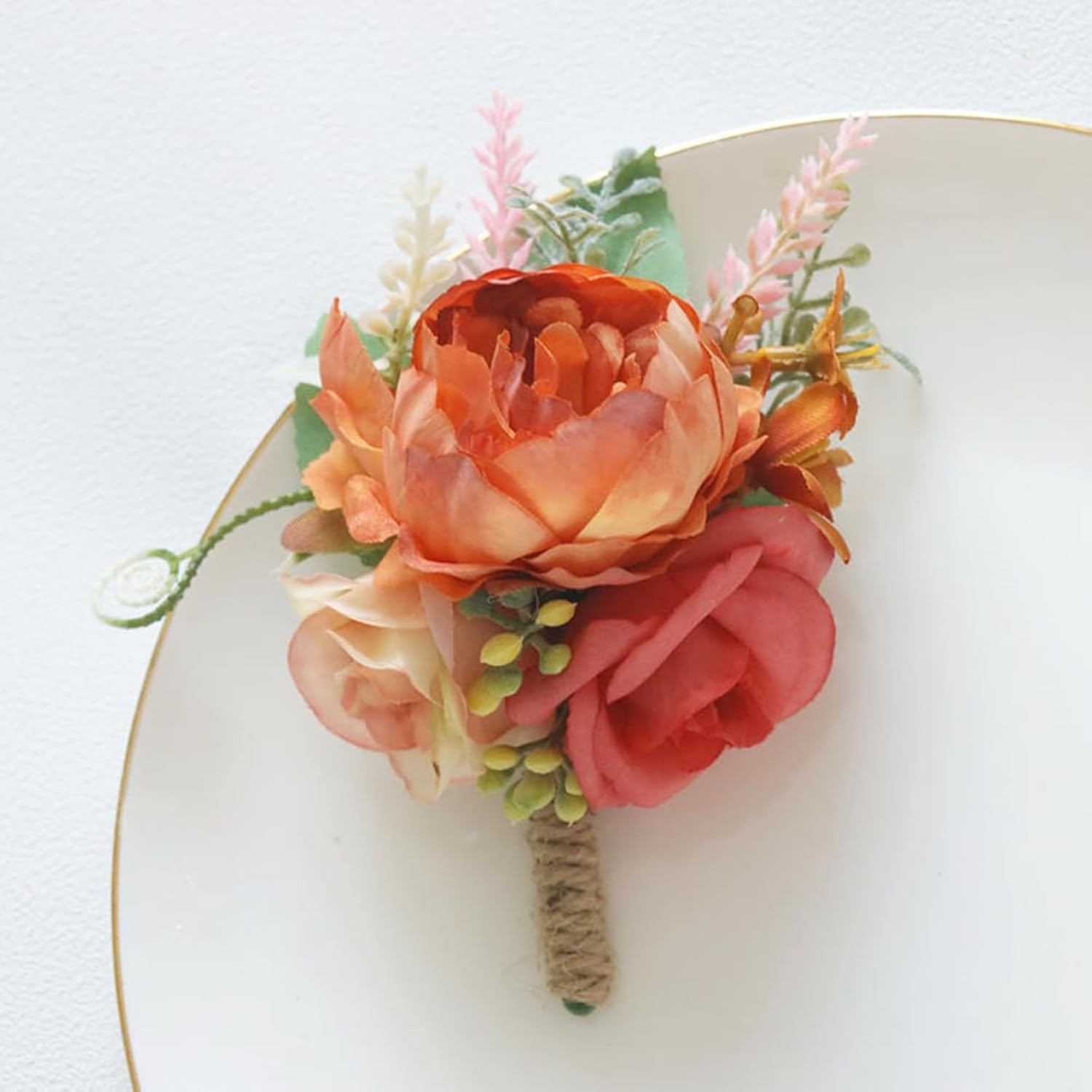 Wrist Corsage And Boutonniere Set For Wedding Prom Party Homecoming Celebration Artificial Flower Accessories Suit Decor 2 Pieces-Orange+Pink+Light Red