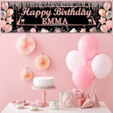 Personalized Birthday Banner Happy Birthday Party Decor Custom Diy Rose And Gold Black Birthdays Backdrop With Name Alphabet Letter Sticker Happy Birthdays Sign Party Supplies For Men Women