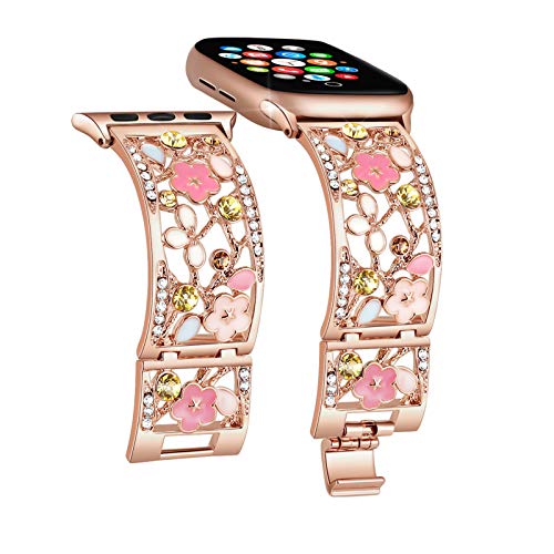 Floral Bracelet Compatible with Apple Watch Band 38mm 40mm 41mm 42mm iWatch Bands Series 11 10 9 8 7,Bling Crystal Hollow Metal Strap,Cute Women
