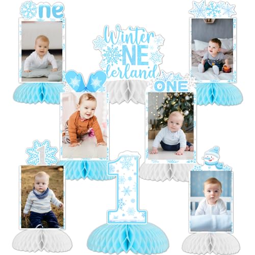Winter Onederland 1st Birthday Party Decoration, 8pcs Winter Onederland Photo Honeycomb Centerpiece Blue Snowflake Table Topper for Winter Onederland One Year Old 1st Birthday Boy Decoration