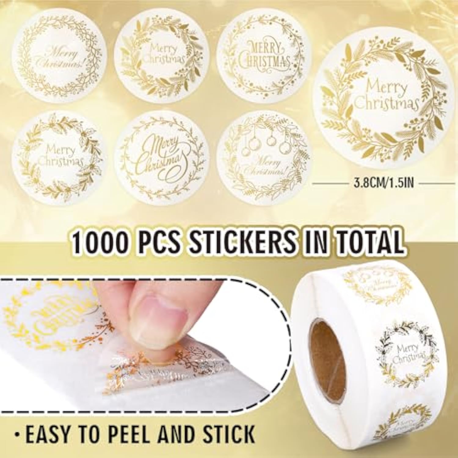 1000Pcs Clear Christmas Stickers Roll Gold Foil Xmas Wreath Seal Stickers Self-Adhesive Label Decals For Holiday Envelope Invitations Cards Gift Decor, 6 Designs