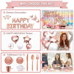 285 Pcs Rose Gold Party Decorations, Birthday Decorations For Women Or Girl - Knives, Forks And Spoons, Tiara, Butterfly, Sash, Paper Pom Poms, Balloon Stand, Tableware For 25 Guests