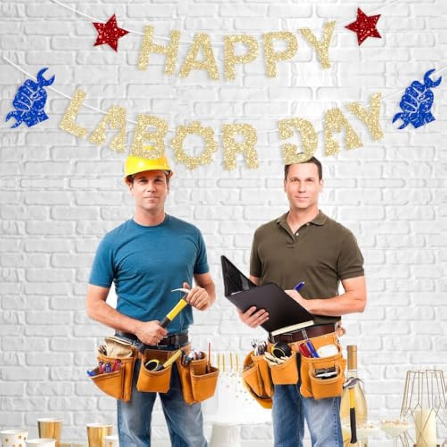 Glitter Gold Happy Labor Day Banner: USA Patriotic Home, School, & Office Decor