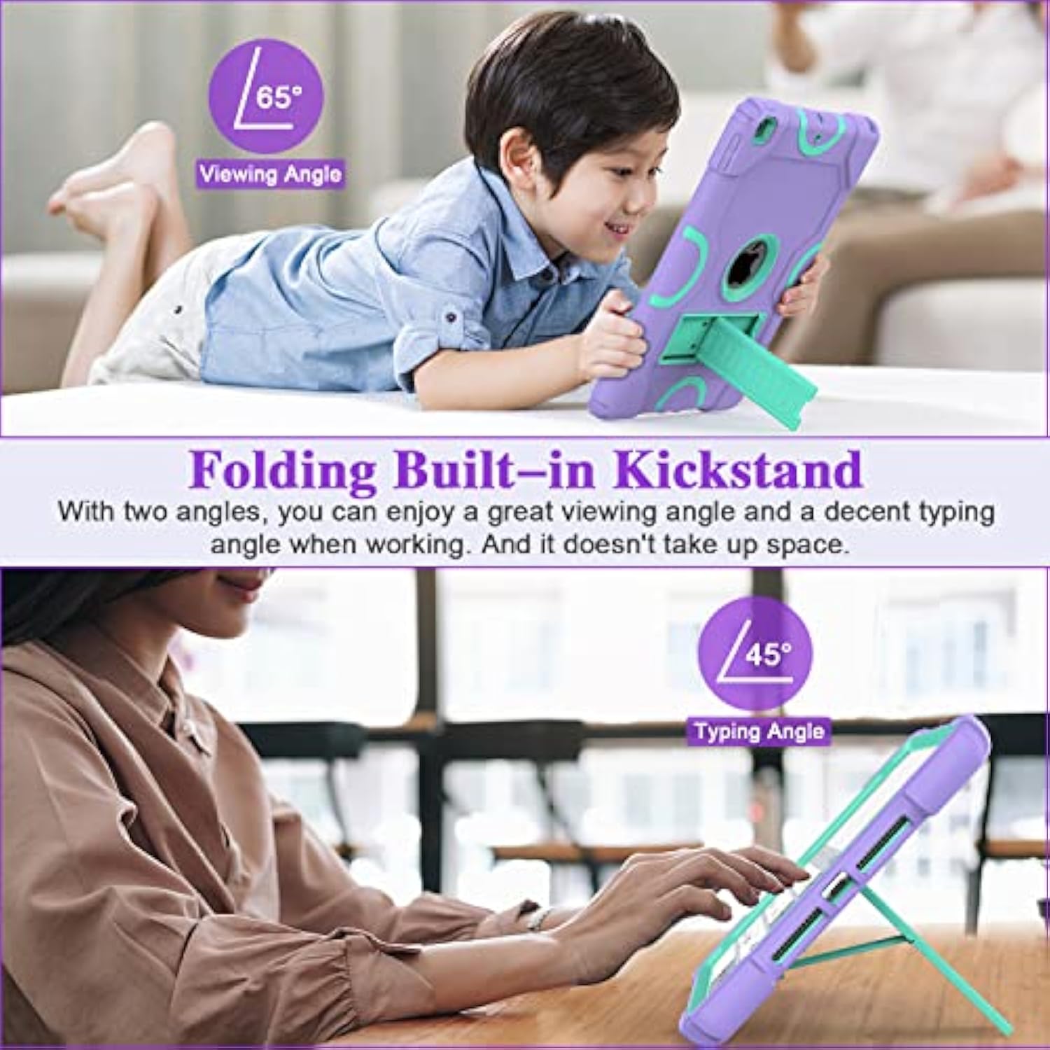 For 9Th Generation Case, 8Th 7Th Generation Case, 10.2 Inch 2021/2020/2019 Case, Heavy Duty Rugged Shockproof Protective Cover With Kickstand For Kids Boys Girls Purple/Green