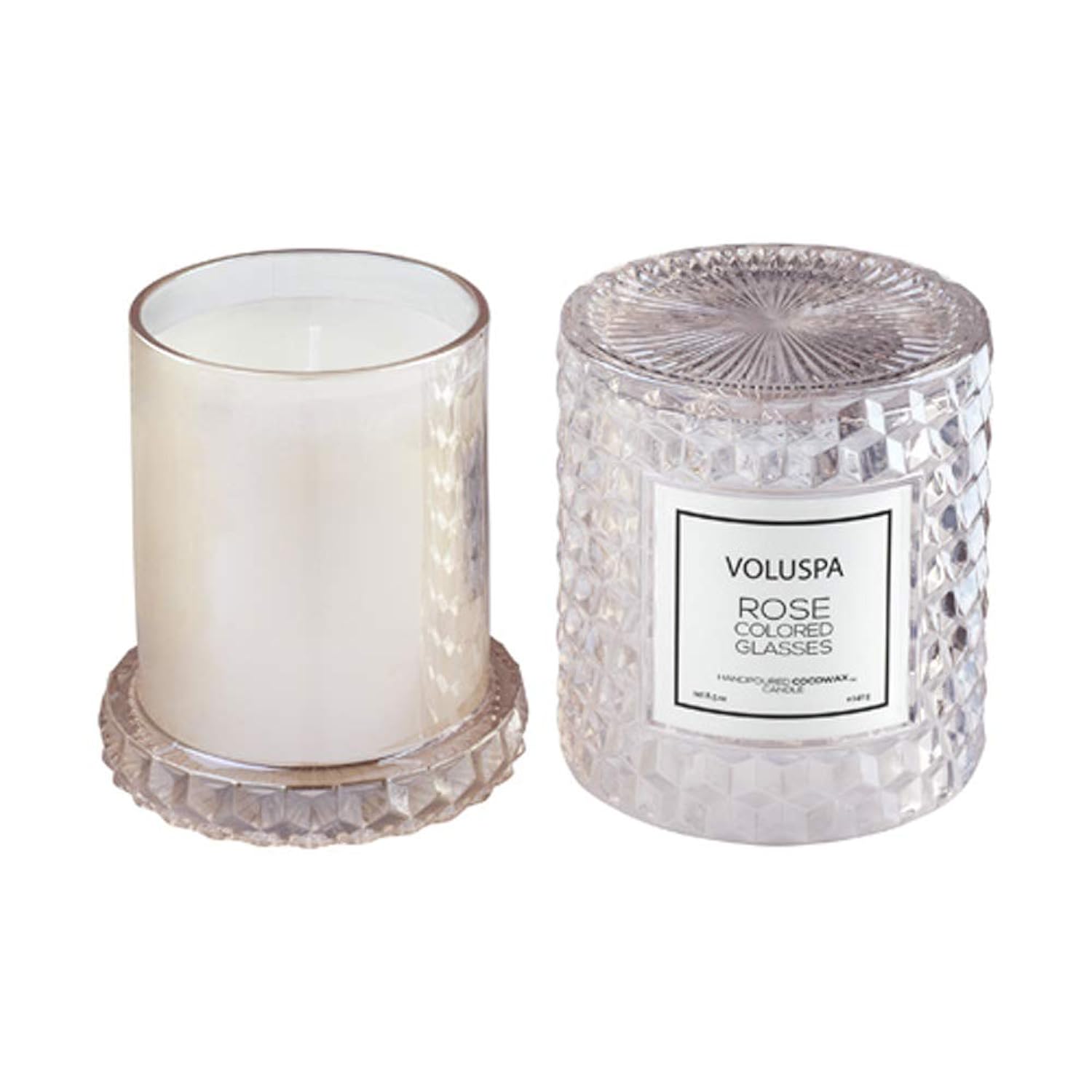Voluspa Rose Colored Glasses, Cloche Textured Glass Candle, 8.5 Ounce, 55 Hour Burn Time, Coconut Wax for Clean Burning, Handcrafted in The USA