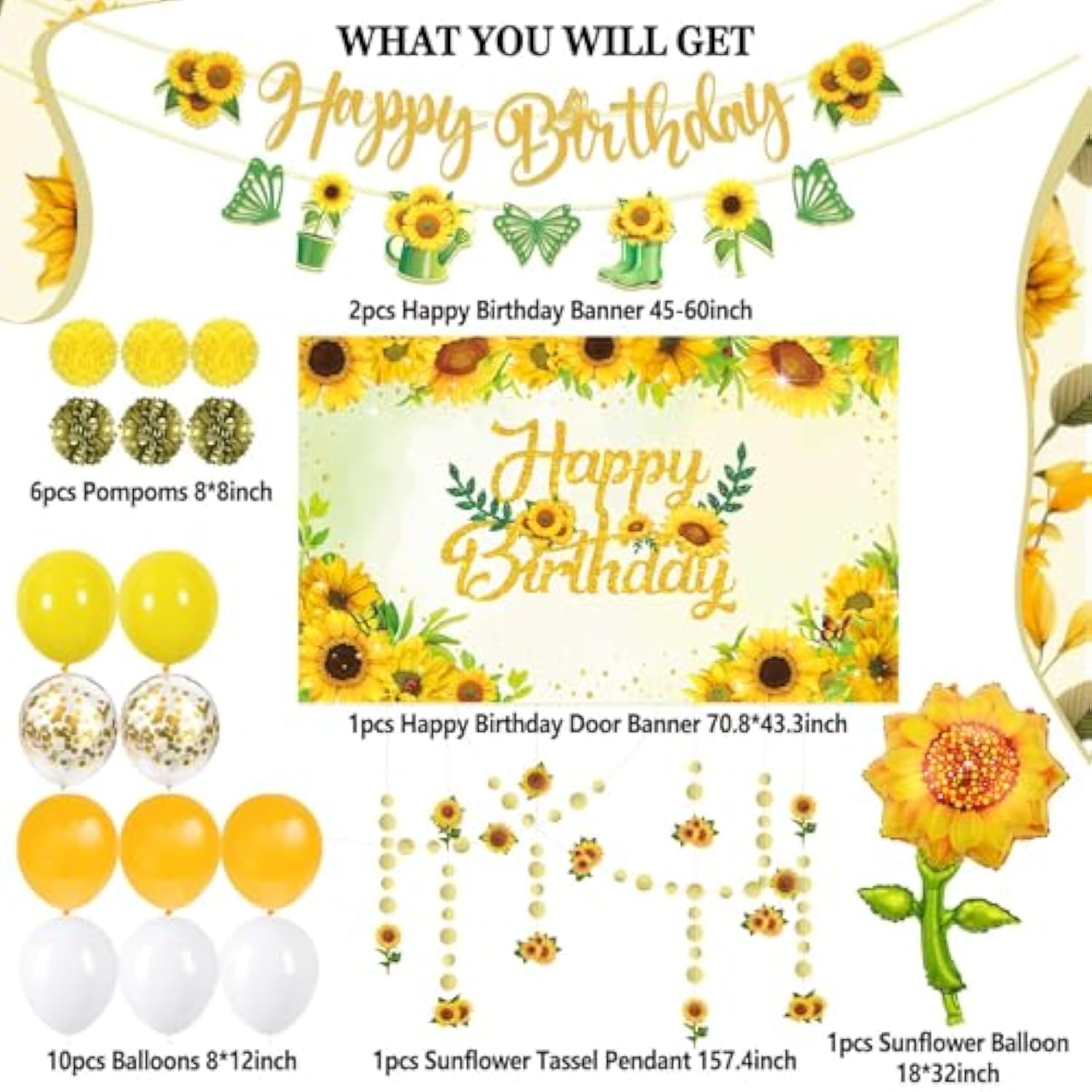Sunflower Birthday Secorations Sunflower Party Decorations With Sunflower Garland, Sunflower Balloons, Sunflower Backdrop, Pompoms, Sunflower Birthday Banner, Party Supplies For Women And Girls