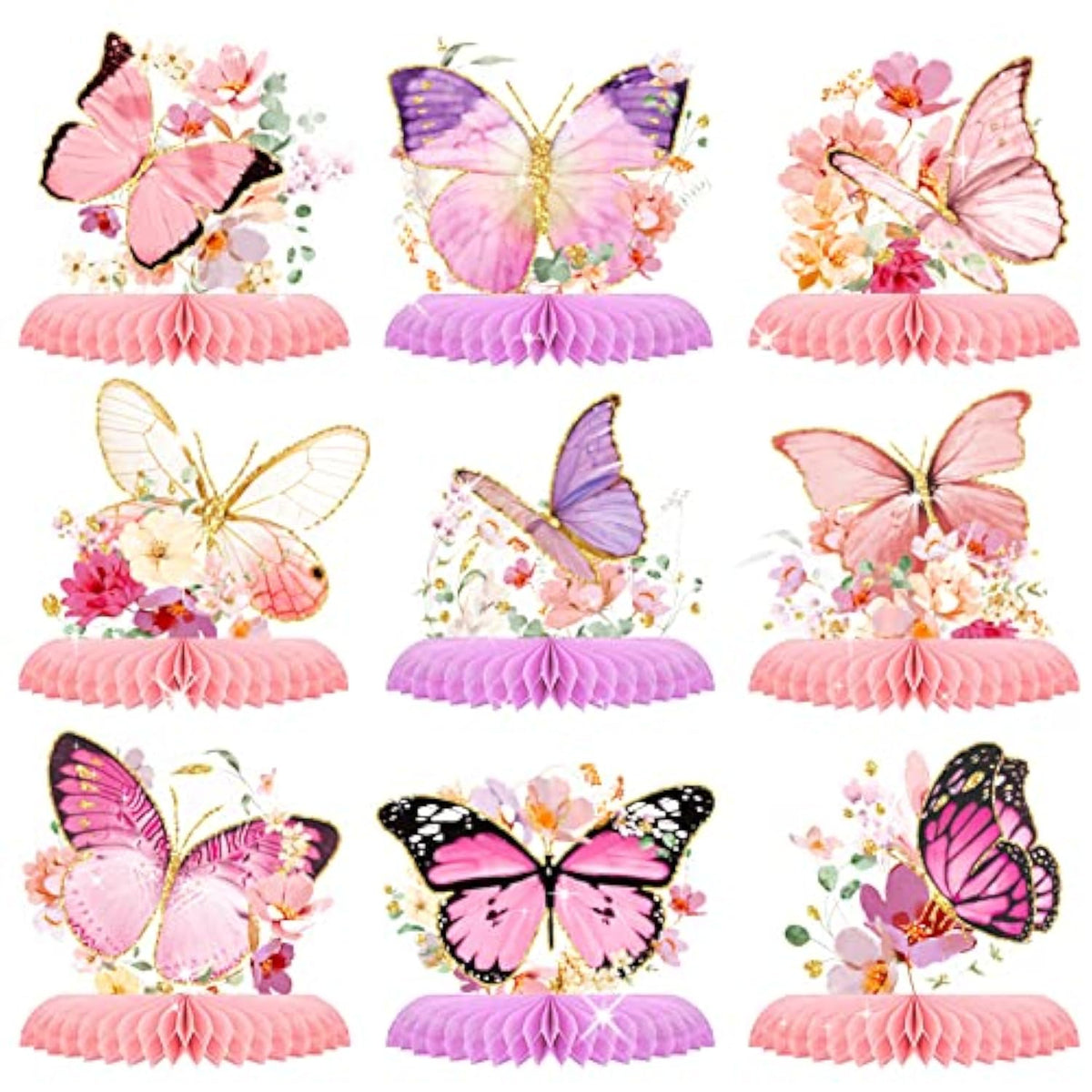 9-Piece Glitter Butterfly Honeycomb Centerpieces for Girls Birthday & Events
