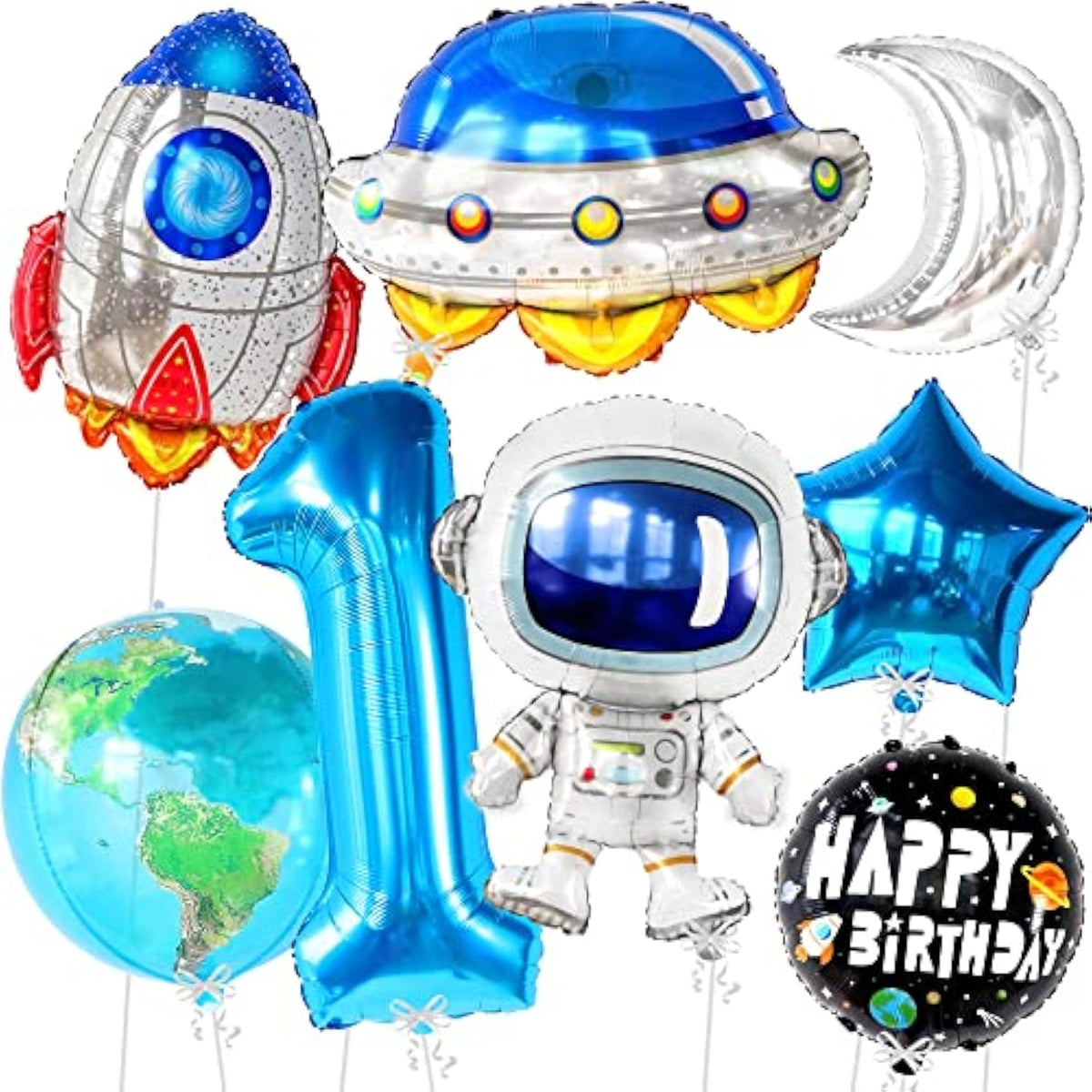 , Big Space Balloons First Birthday Set - 40 Inch, Pack Of 8 | First Trip Around The Sun Balloons, Number 1 Balloon | Blue Space Birthday Balloons For First Trip Around The Sun Decorations