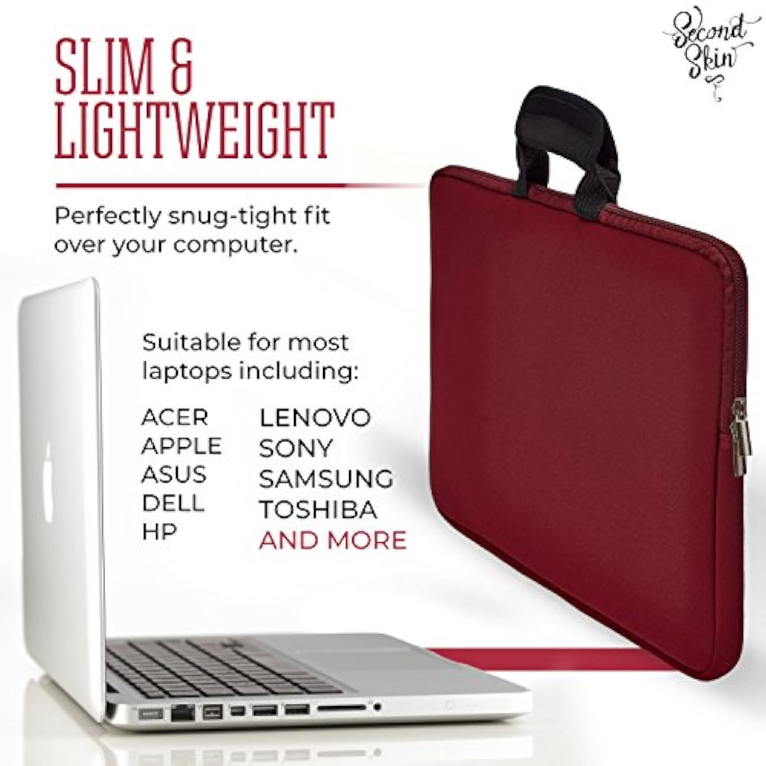 Second Skin 17" Laptop Sleeve Waterproof Laptop Bag, Protective Drop-proof Case for Macbooks, Notebooks, or Ultrabooks, Slim with Handles & Extra Storage Pocket Wine