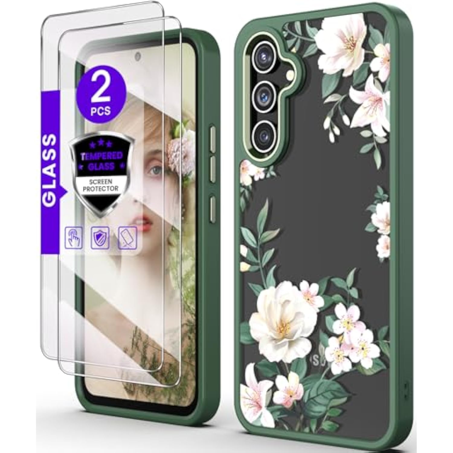 For Samsung Galaxy A54 5G Case With Tempered Glass Screen Protector [2 Pack],[Military Grade Protective] Slim Soft Tpu & Hard Pc,Girls Women Crystal Clear Flower Pattern Cases(Magnolia)