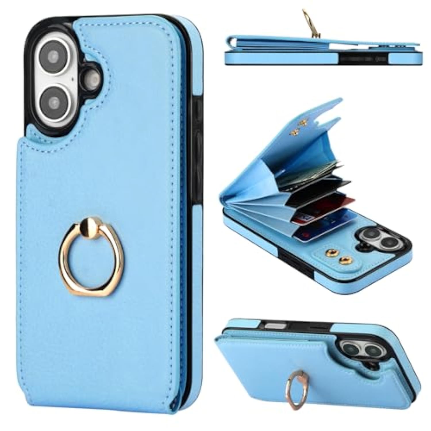 Compatible With Iphone 16 Case Wallet With Card Holder, 360°Rotation Finger Ring Holder Kickstand, Rfid Blocking Leather Protective Double Buttons Shockproof Cover 6.1 Inch Blue