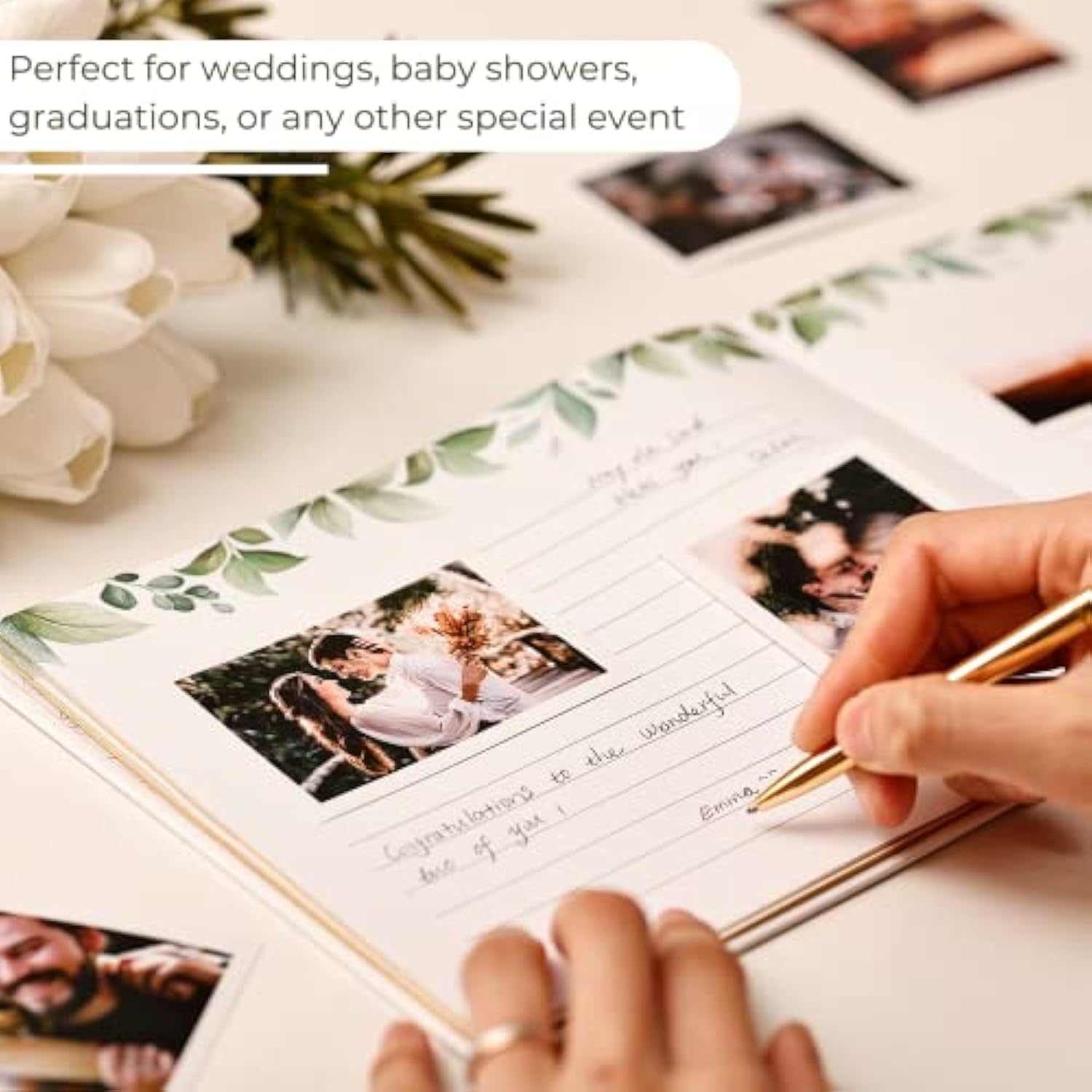 Gold Foil Greenery Wedding Guest Book 7 X 9 Inches, Pen & Table Sign Included, Resgistry Sign In Book For Wedding, Bridal Shower, Baby Shower, Graduation, Birthday, Funeral, Anniversary Or Reception