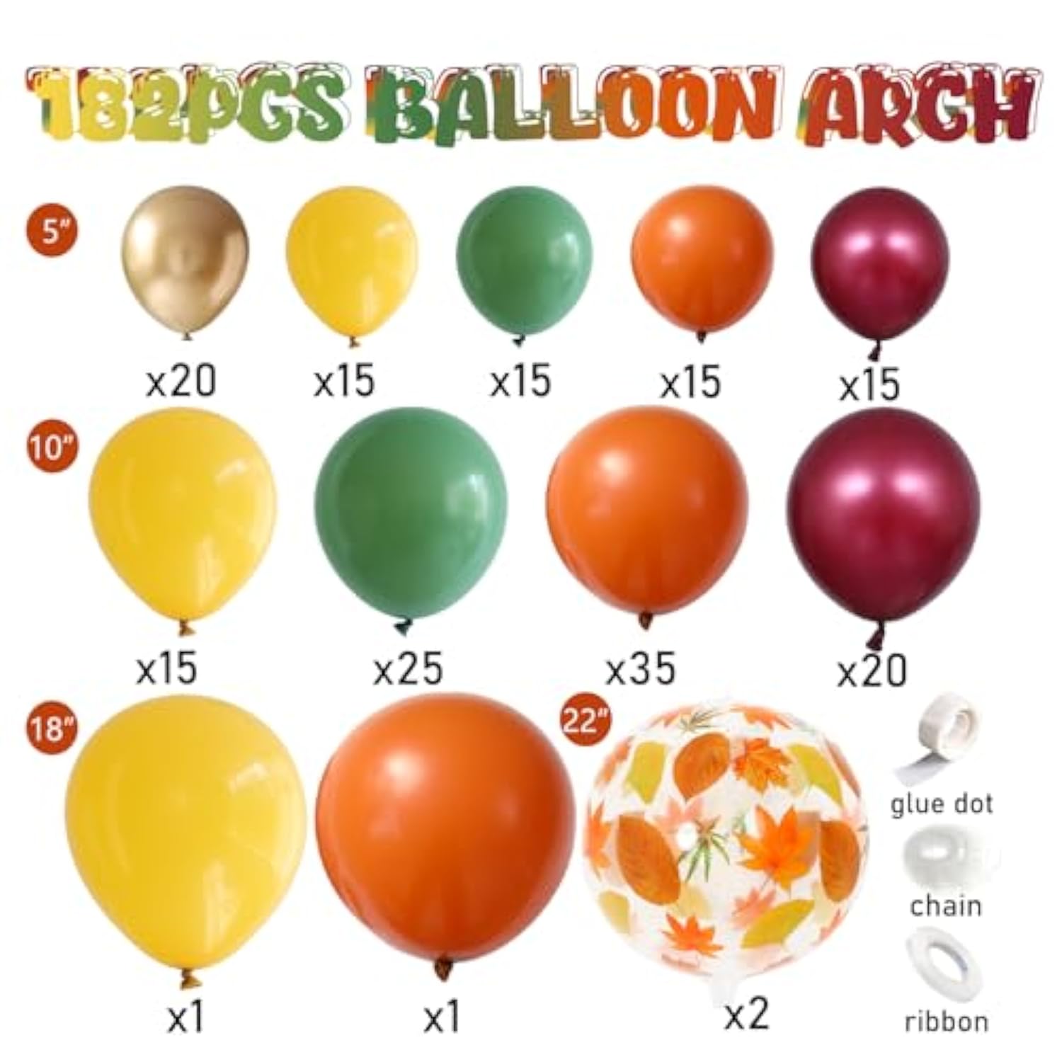 182PCS Fall Balloon Arch Kit with Orange Red Green Yellow Gold Balloons for Party