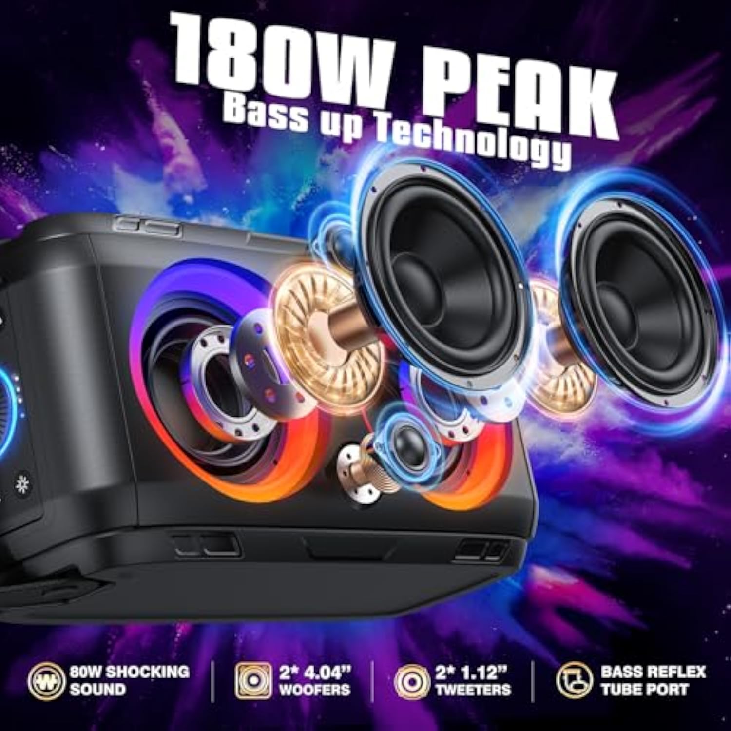Party Loudest Portable Bluetooth Speaker Wireless Boom Box, 180W Max Big Large Outdoor Speaker 4 Drivers With 2*4.04'' Subwoofer, 80W Hd Huge 105Db Pulse Natur Deep Bass, Ipx5/24H/Eq/Usb/Tf/Aux