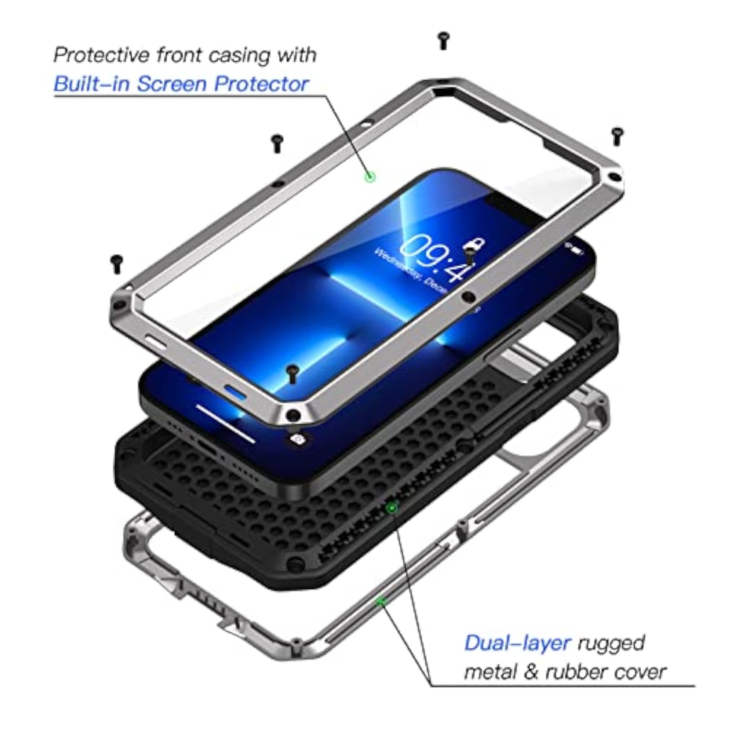 Heavy Duty Metal Case for iPhone 13 Pro 6.1 inch - Shockproof Rugged Cover with Built-in Glass Screen Protector - Silver