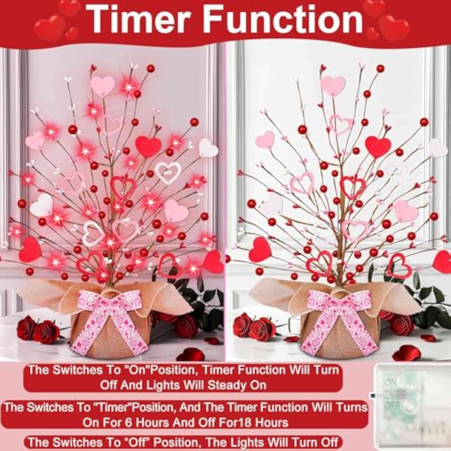 Valentine'S Day Tree Tabletop Decorations With 20 Red Lights, Timer, Battery Operated - 16 Inch, Pink & White Hearts, 32 Red Berries - Perfect For Home, Table, Bedroom, Indoor Party & Wedding Decor