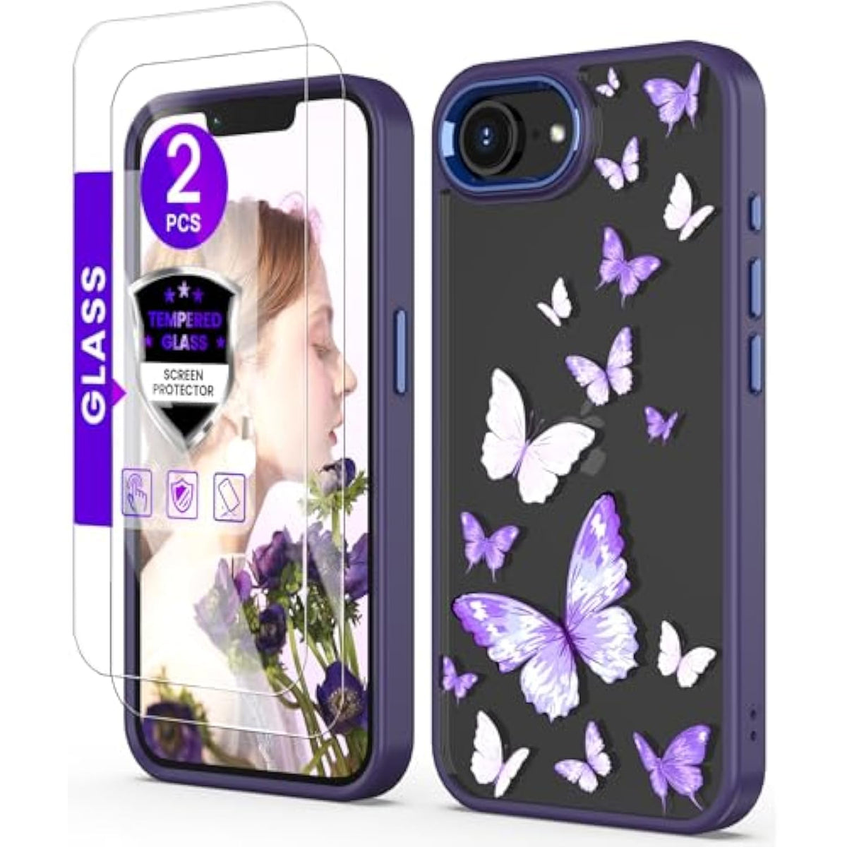 For Iphone 16E Case+Tempered Glass Screen Protector, [ Grade Protective] Slim Soft Tpu & Hard Pc,Girls Women Crystal Clear Flower Pattern Cover For Iphone Se 4Rd Gen 2025-Butterfly