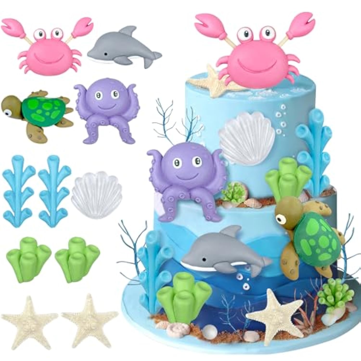 11 Pcs Under The Sea Cake Decorations Sea Ocean Cake Toppers Ocean Sea Animals Cake Toppers For Ocean Themed Baby Shower Birthday Party Supplies