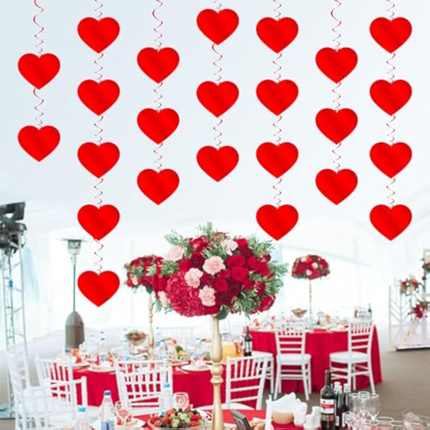 Red Hanging Heart Party Decorations - 24 Pcs Pre-Assembled Ceiling Hanging Swirls For Valentines Day, Galentines Day