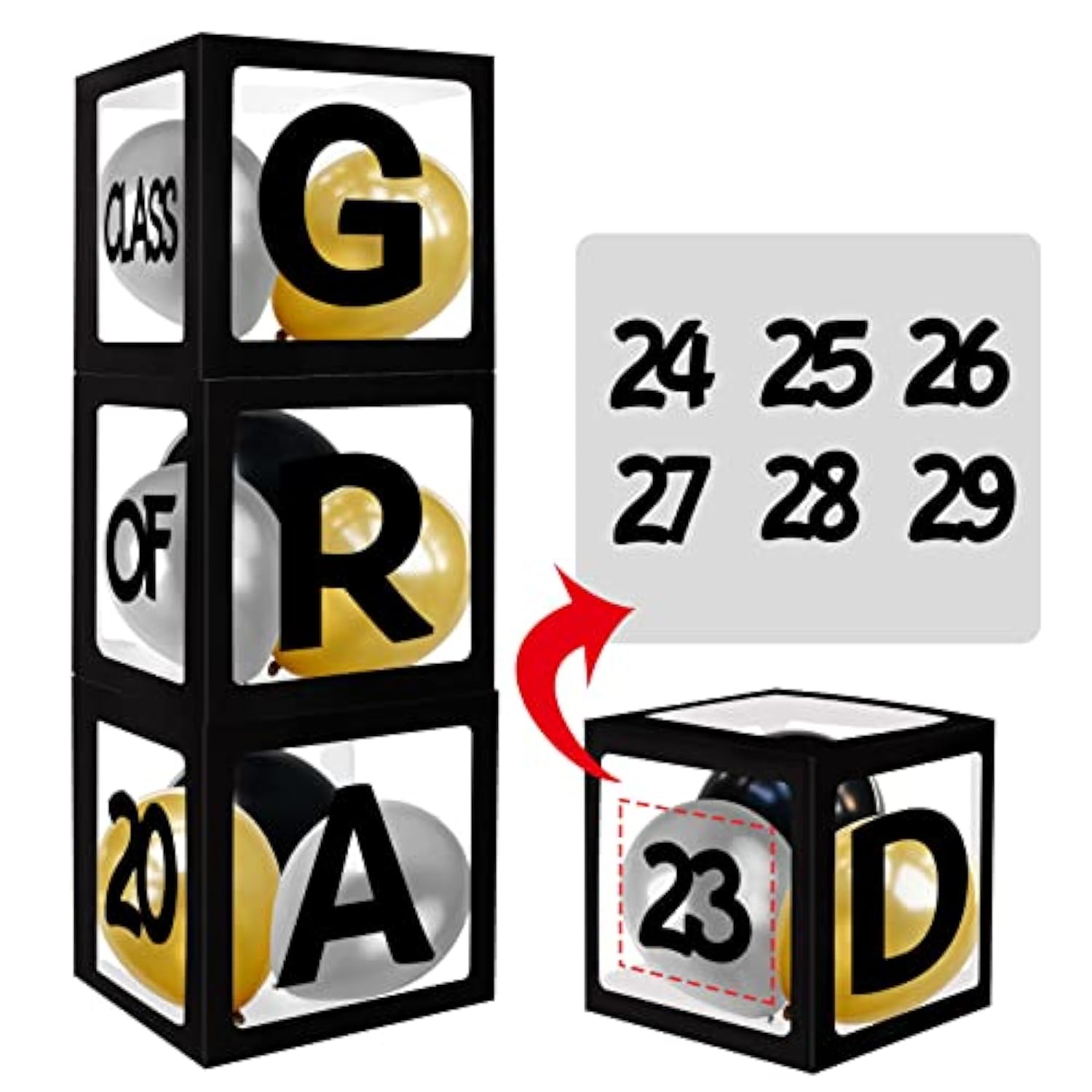 Class Of 2025 Graduation Decorations Black Graduation Balloon Box Kit, With Letters " Grad", So Proud Of You" And " Class Of 2025", Grad Party Decoration Supplies, With Black Gold Silvers Balloons