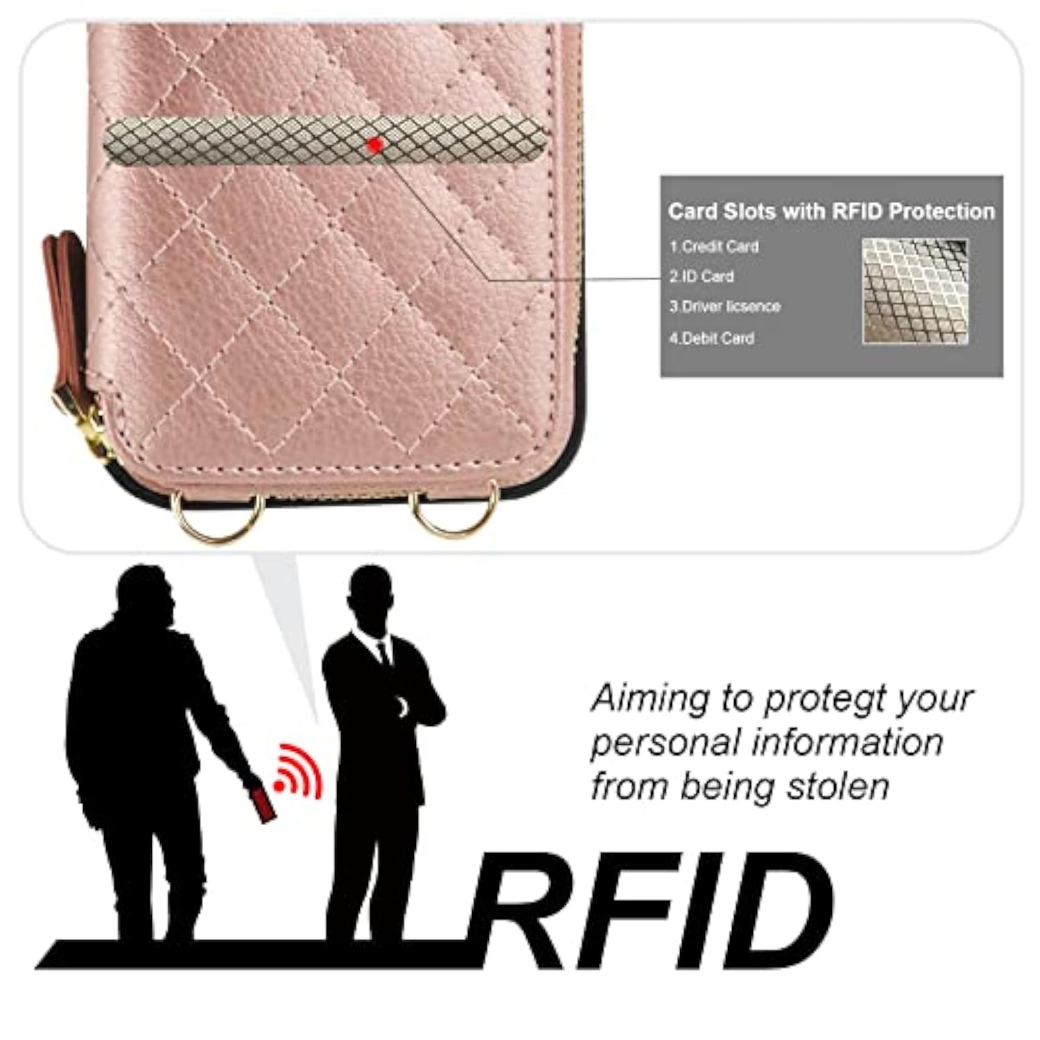 Crossbody Wallet Case For 14 Pro Max, Rfid Blocking Pu Leather Zipper Handbag Purse Flip Cover, Kickstand Folio Case With Card Slots Holder Wrist Strap Lanyard 5G 6.7 Inch (Rose Gold)