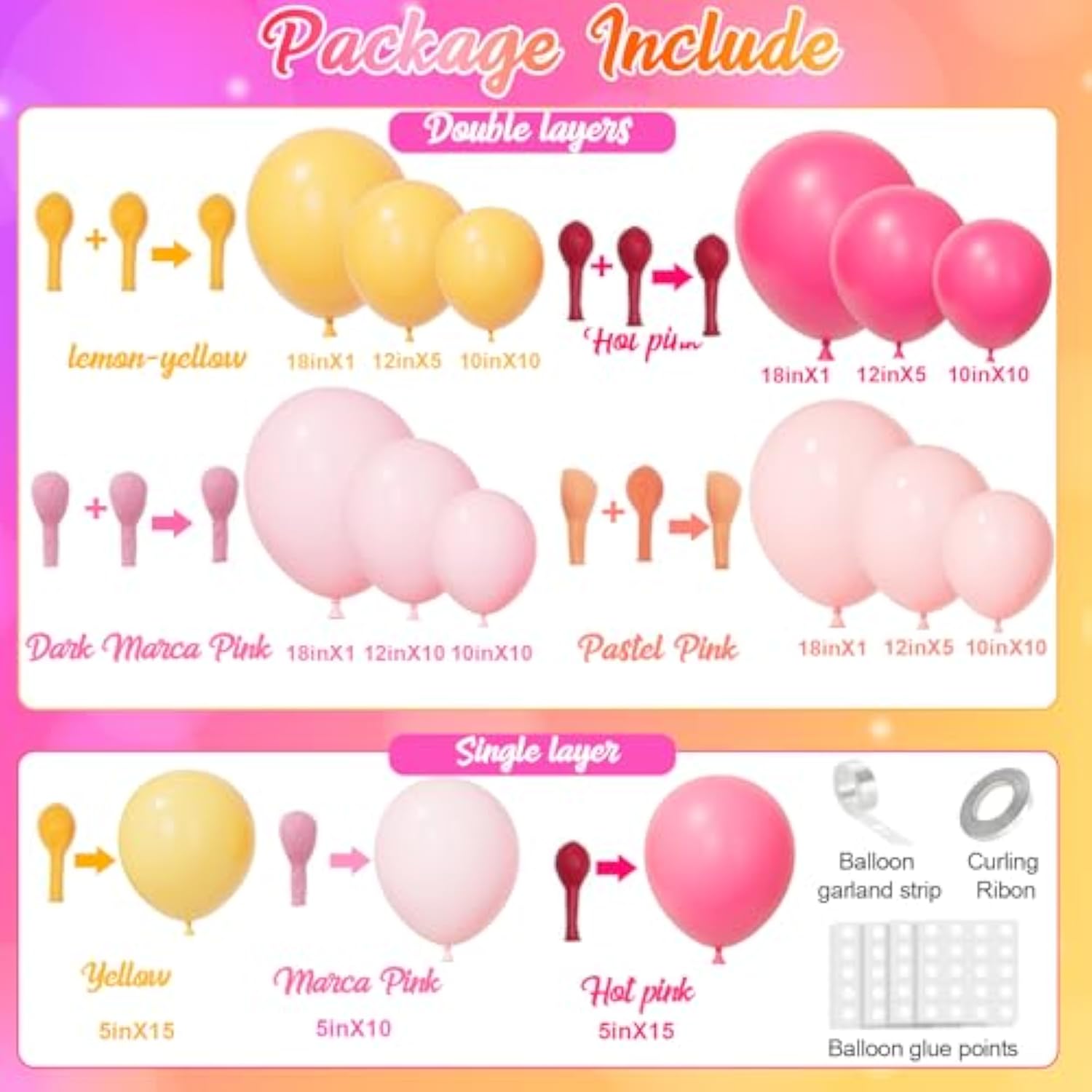 Yellow And Pink Balloon Garland Arch Kit- Double Stuffed Baby Pink Peach Balloons Different Sizes Pastel Coral Balloons For Birthday Spring Baby Shower Wedding Flower Fairy Party Decorations