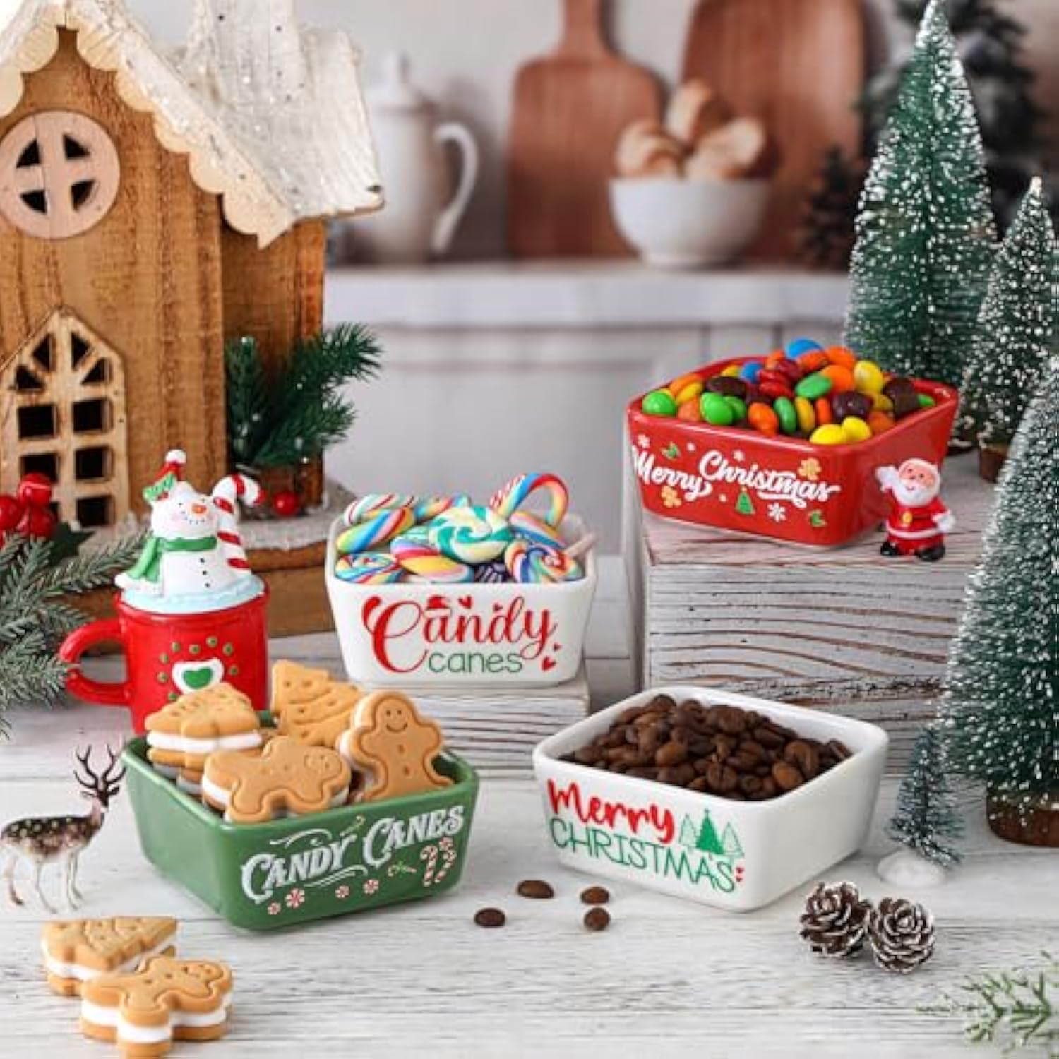 4 Pcs Mini Christmas Candy Dish Ceramic Candy Bowls Serving Trays Merry Christmas Tree Canes Dishes Farmhouse Home Table Decoration For Xmas Holiday Snacks Cookie Housewarming Gift