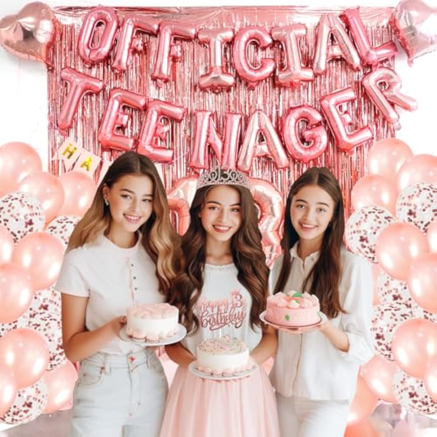 13Th Birthday Decorations For Girls, Official Teenager Party Supplies Rose Gold Foil Balloons, Tiara Tassel Curtains Sash Balloons Numbers Banner Cake Topper For 13 Birthday Girl Decorations