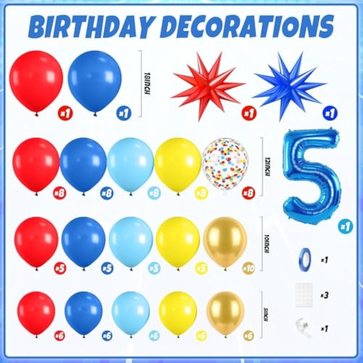 Red Yellow Blue Balloon Garland Arch Kit With Navy Blue 40 Inch Number 5 Balloon, 5Th Birthday Decorations For Boy With Star Foil Balloons For Kid 5 Year Old Theme Party Baby Shower Graduation