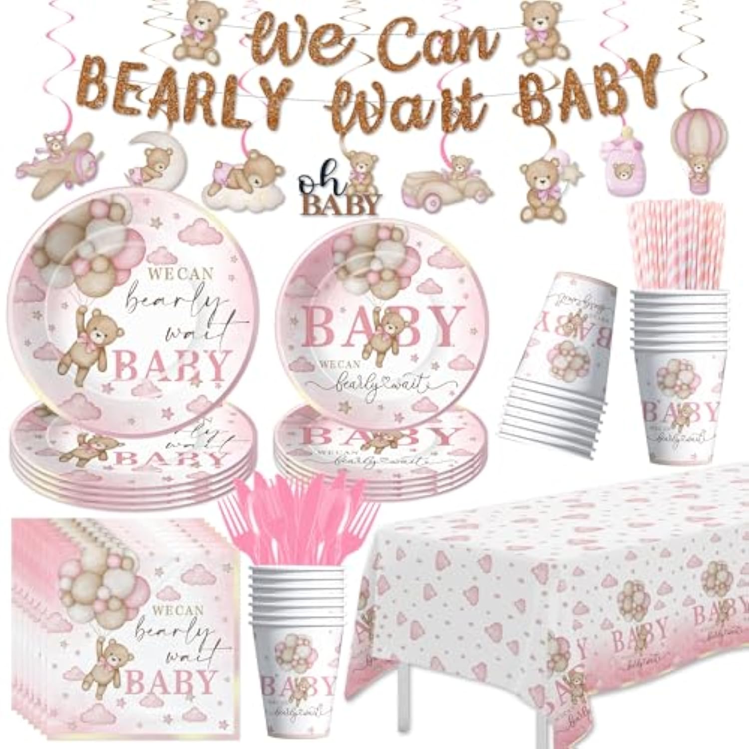 Pink Bear Baby Shower Decorations Girl, Teddy Bear Theme We Can Bearly Wait Baby Shower Decorations Party Supplies, Paper Plate, Napkin, Cup, Banner, Tablecloth, Swirls, Cutlery, Serves 24