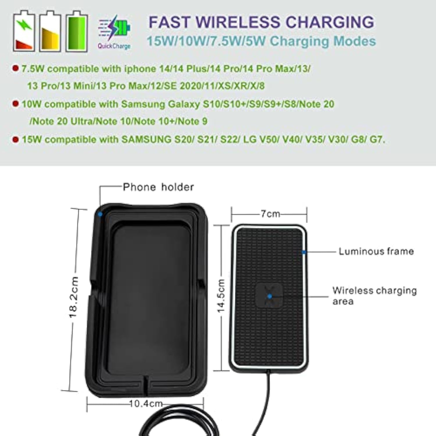 Wireless Charger Car Fast Charging Pad, 15W Wireless Phone Charger Cell Phone Cordless Flat Charging Mat Compatible With Iphone 11/12/12/14/15 Galaxy S21/S22/S23/24 Note10(Xp01)