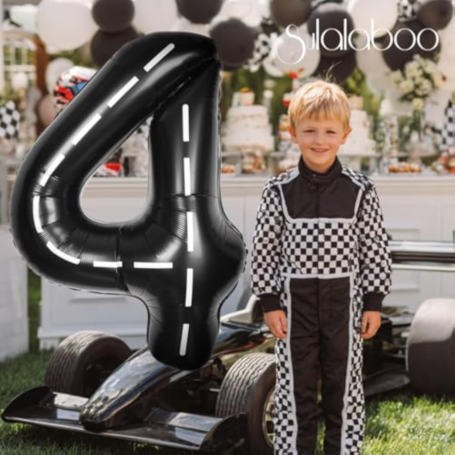 40" Black Race Car #4 Foil Balloon Giant Mylar for Boy's Birthday & Graduation
