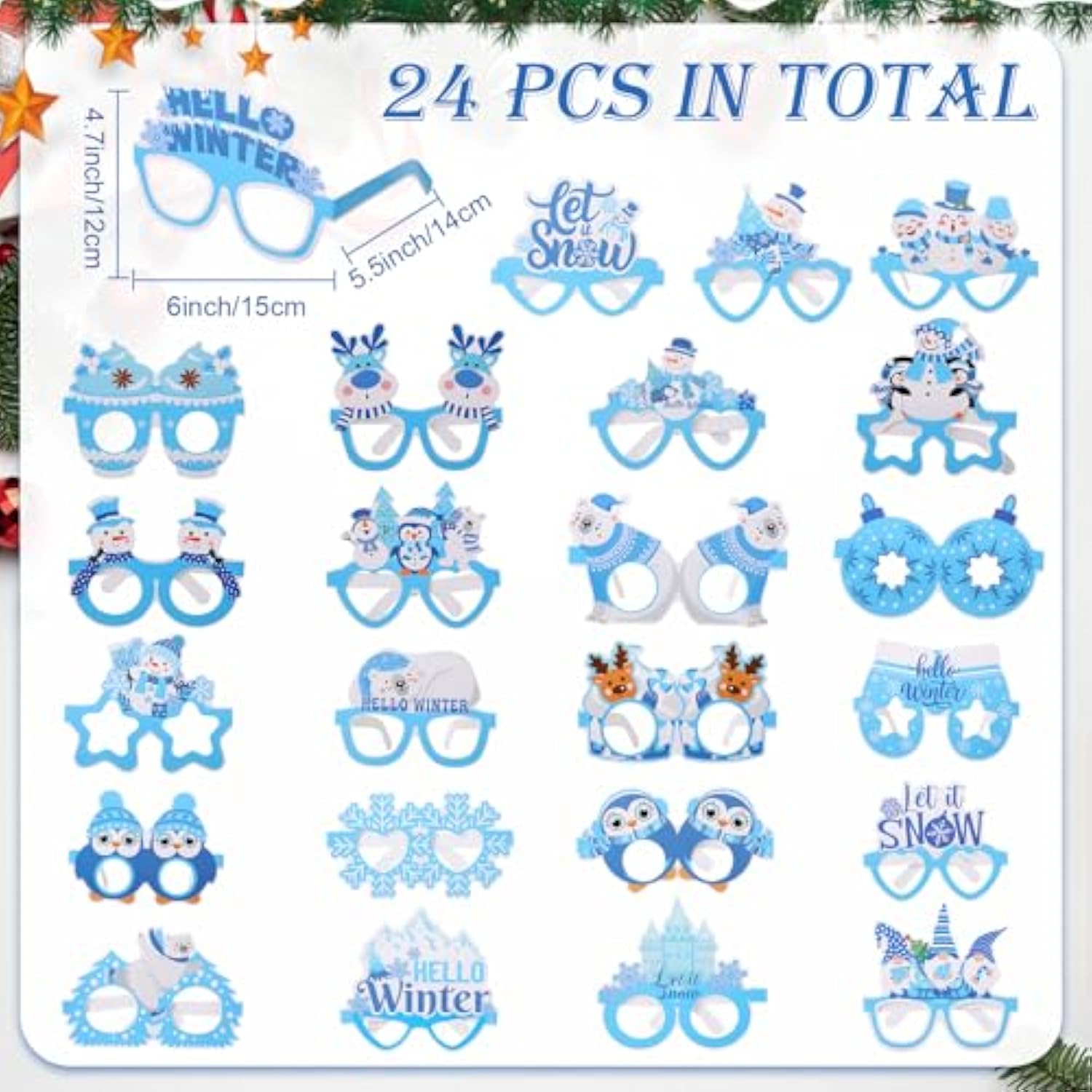 24pc Winter Paper Snowflake Glasses Party Favors Photo Booth Props