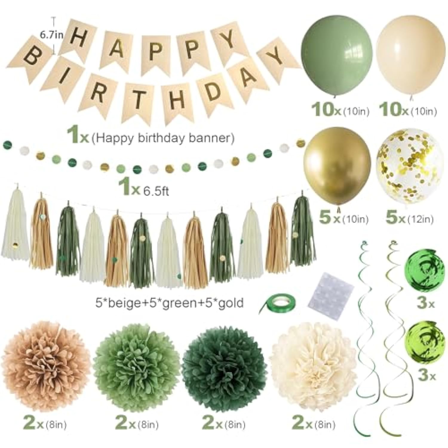 47PCS Sage Green Birthday Decor – Banner, Pompoms, Tassels, Swirls & Balloons