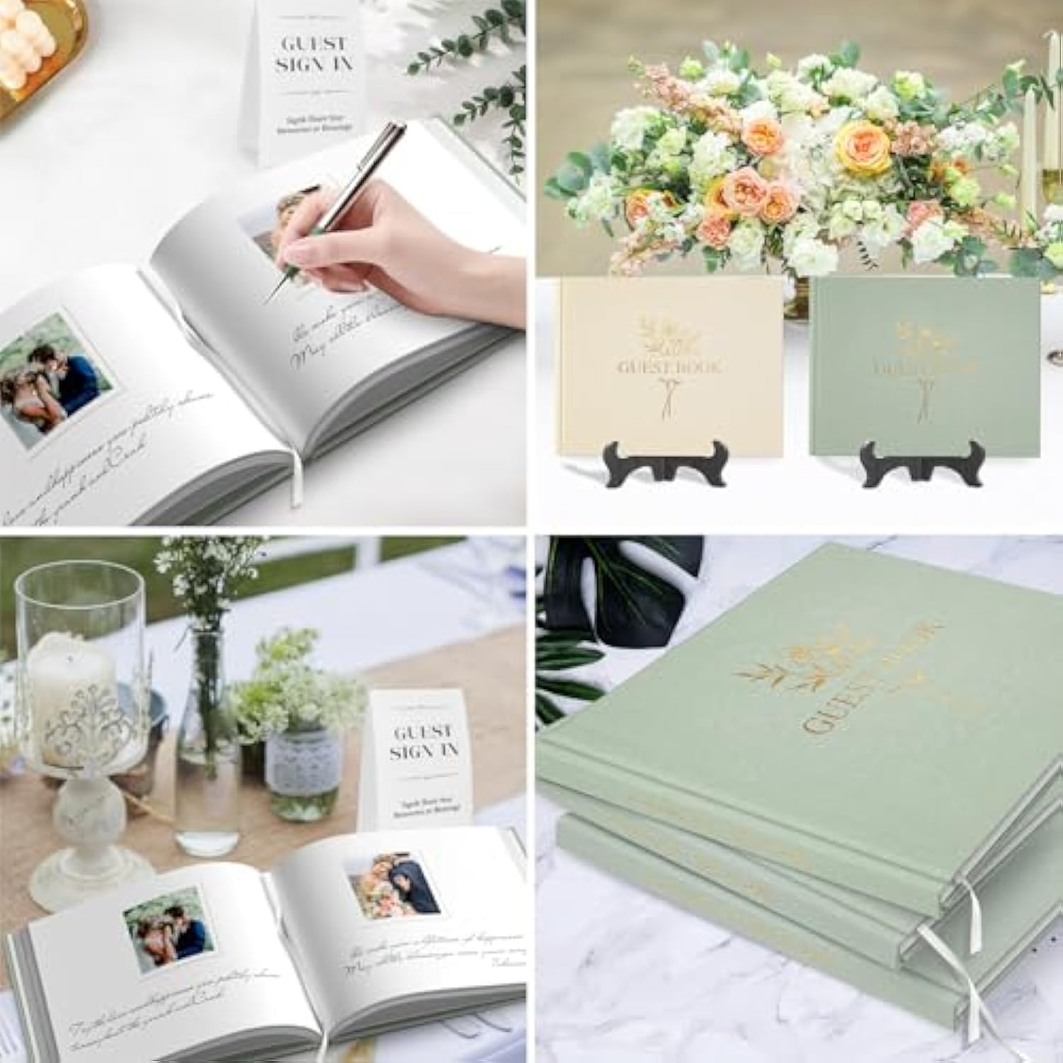 Wedding Guest Book For Memorial Service With 216 Photo Corners Stickers, Linen Guestbook To Sign At Bridal Shower Or Wedding Reception Party,100 Pages, Blank Thick Paper Books For Baby Shower- Sage
