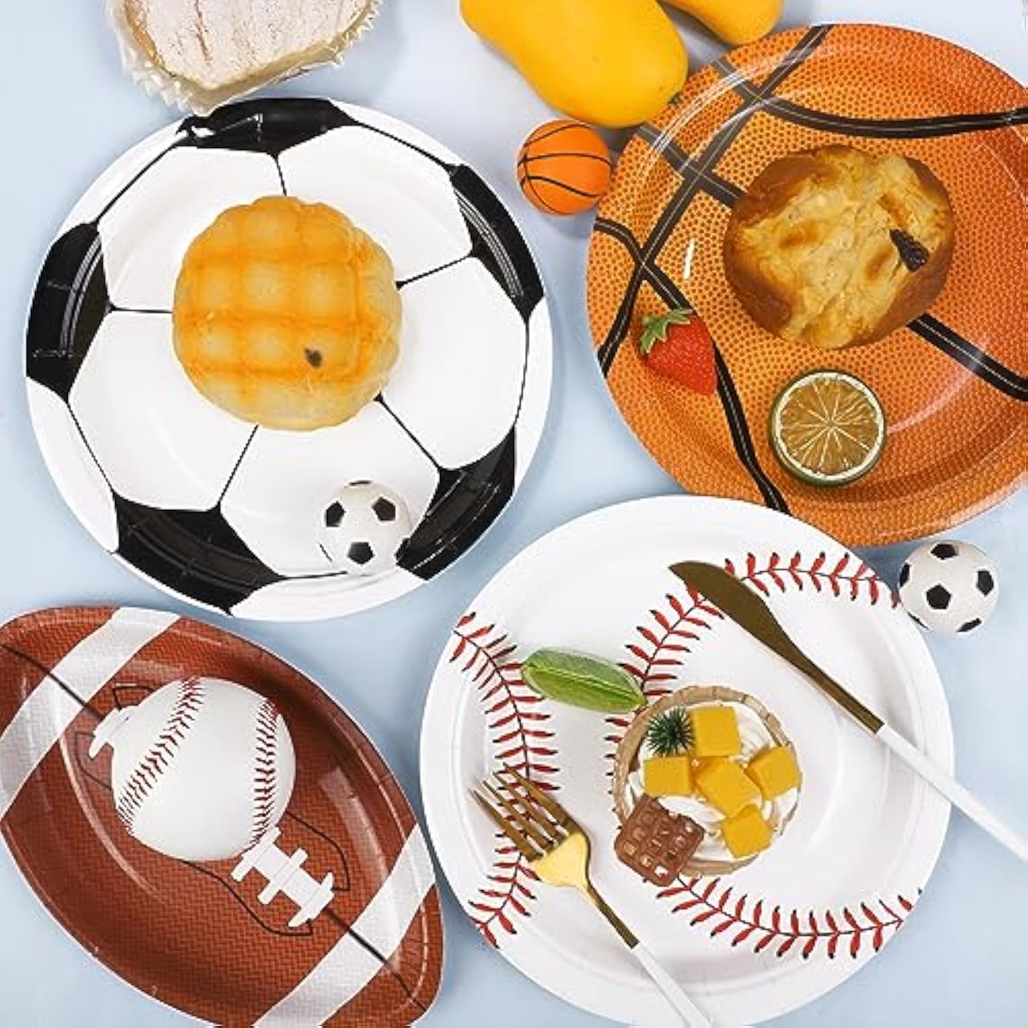 96-Piece Sports Theme Birthday Party Supplies - 9 Inch Disposable Football, Baseball, Basketball, Soccer Tableware Plates For Sports Ball Theme Party & Gameday Decorations