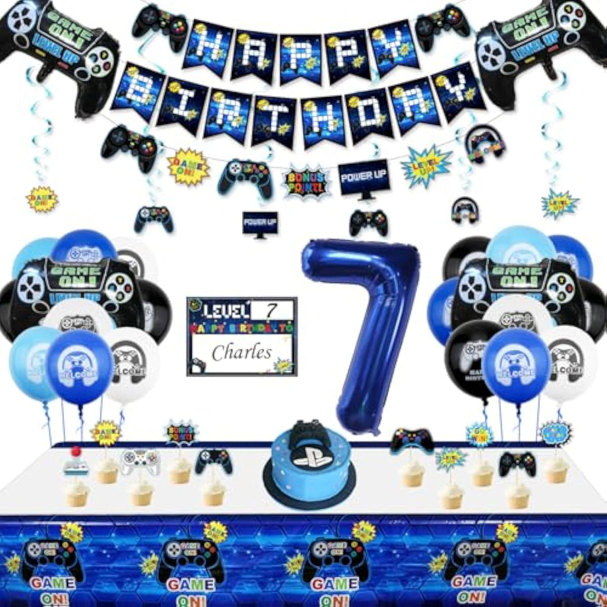 Video Game Party Decorations - 7Th Birthday Decorations For Boys, Happy Birthday Banner, Video Game Balloons, Number 7 Blue Balloons, Gaming Hanging Swirls, Game On Birthday Party Supplies