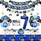 Video Game Party Decorations - 7Th Birthday Decorations For Boys, Happy Birthday Banner, Video Game Balloons, Number 7 Blue Balloons, Gaming Hanging Swirls, Game On Birthday Party Supplies