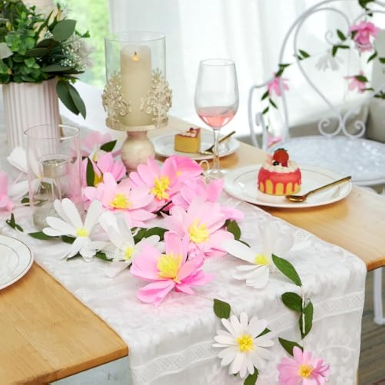 Crepe Paper Flowers Banner White Gradient Pink Flower Banners Spring Hanging Paper Floral Leaves Garland For Spring Birthday Wedding Home Decorations