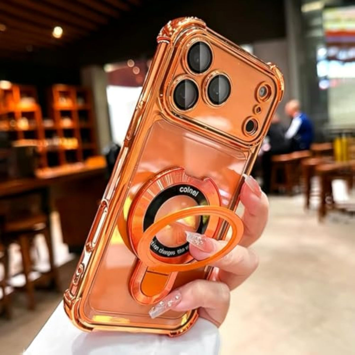 Clear Case with Magnetic Ring Stand for iPhone 17 Pro Max, Compatible with MagSafe, Shockproof Kickstand, Plating Soft Case, Camera Lens Protector for 17 Pro Max 6.9", Orange